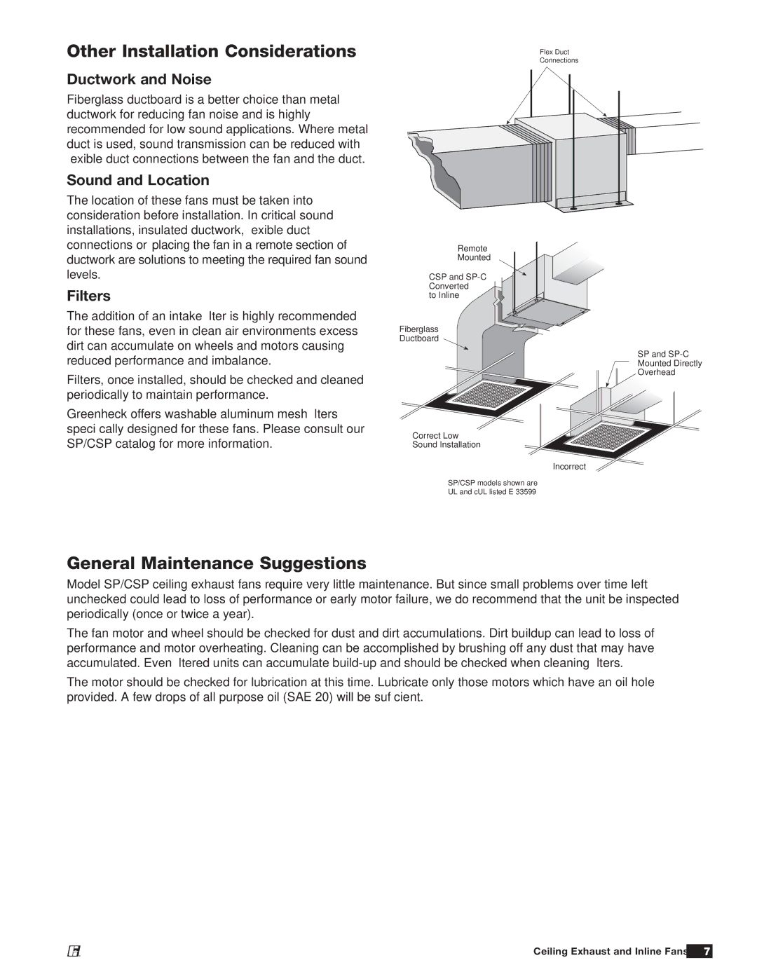 Greenheck Fan 747680 manual Other Installation Considerations, General Maintenance Suggestions, Ductwork and Noise, Filters 