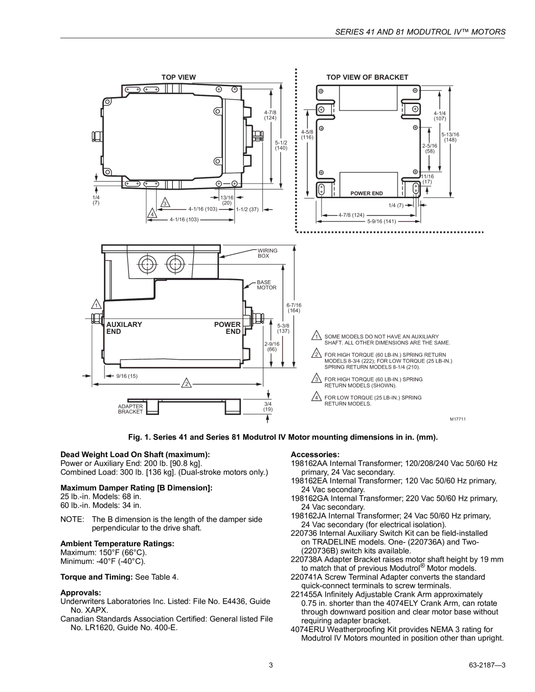 Greenheck Fan 41, 81 Maximum Damper Rating B Dimension 25 lb.-in. Models 68, Ambient Temperature Ratings, Accessories 