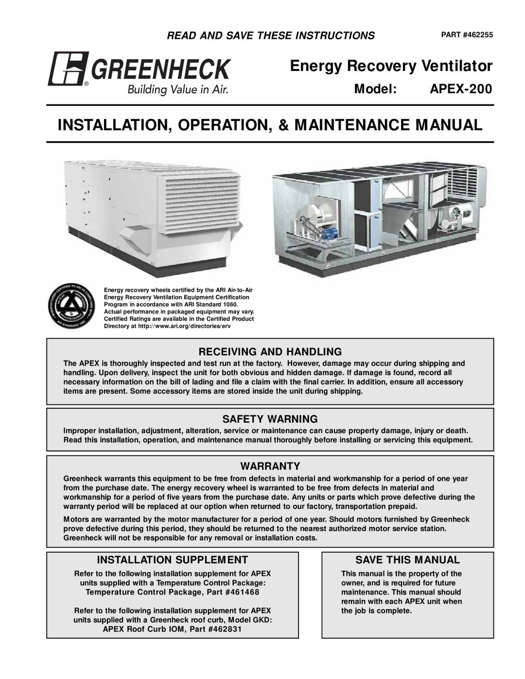 Greenheck Fan APEX-200 warranty INSTALLATION, OPERATION, & Maintenance Manual 