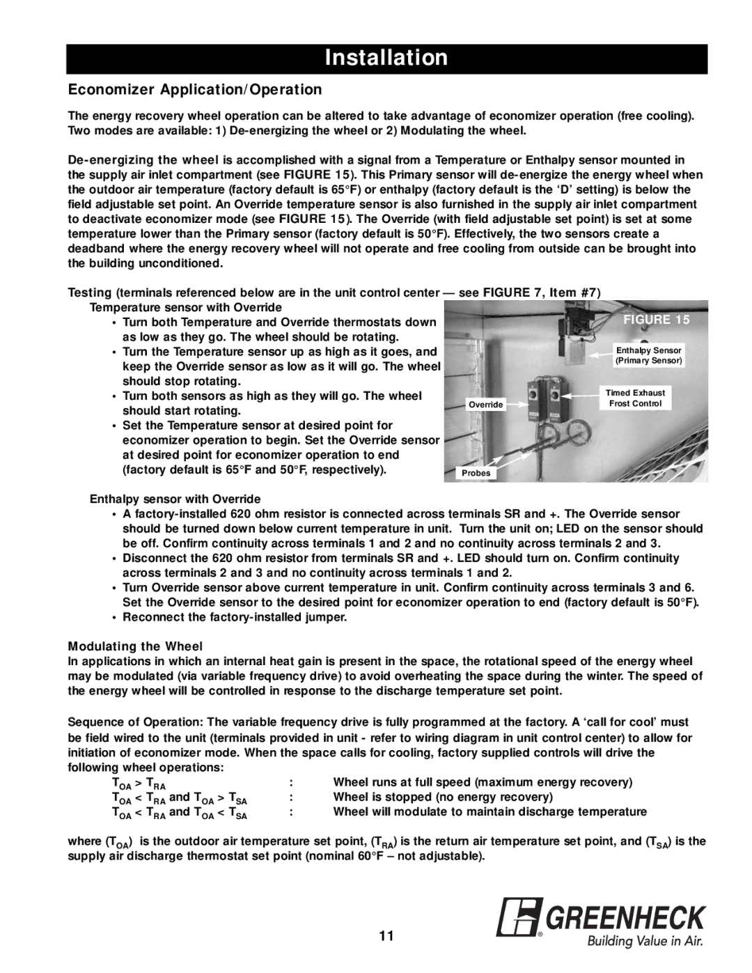 Greenheck Fan APEX-200 warranty Economizer Application/Operation, Modulating the Wheel 