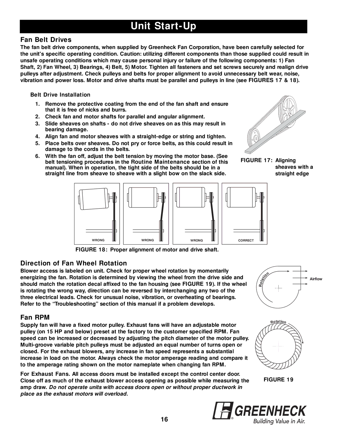 Greenheck Fan APEX-200 warranty Fan Belt Drives, Direction of Fan Wheel Rotation, Fan RPM, Belt Drive Installation 