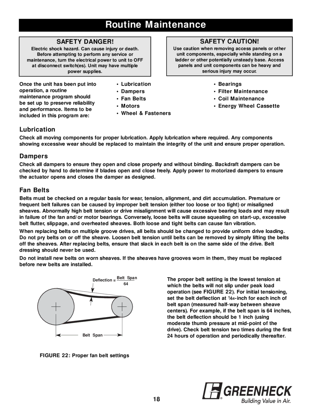 Greenheck Fan APEX-200 warranty Routine Maintenance, Lubrication, Fan Belts 