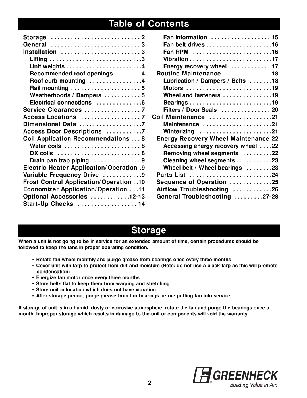 Greenheck Fan APEX-200 warranty Table of Contents, Storage 