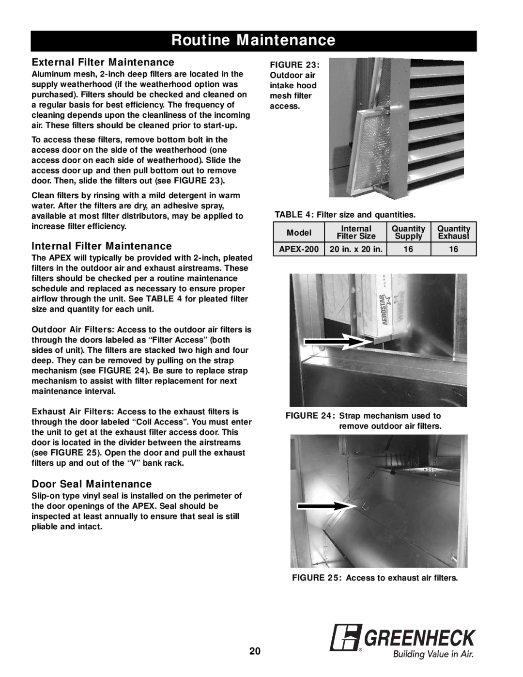 Greenheck Fan APEX-200 warranty External Filter Maintenance, Internal Filter Maintenance, Door Seal Maintenance 