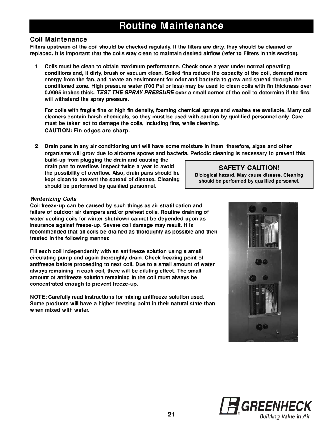 Greenheck Fan APEX-200 warranty Coil Maintenance, Winterizing Coils 