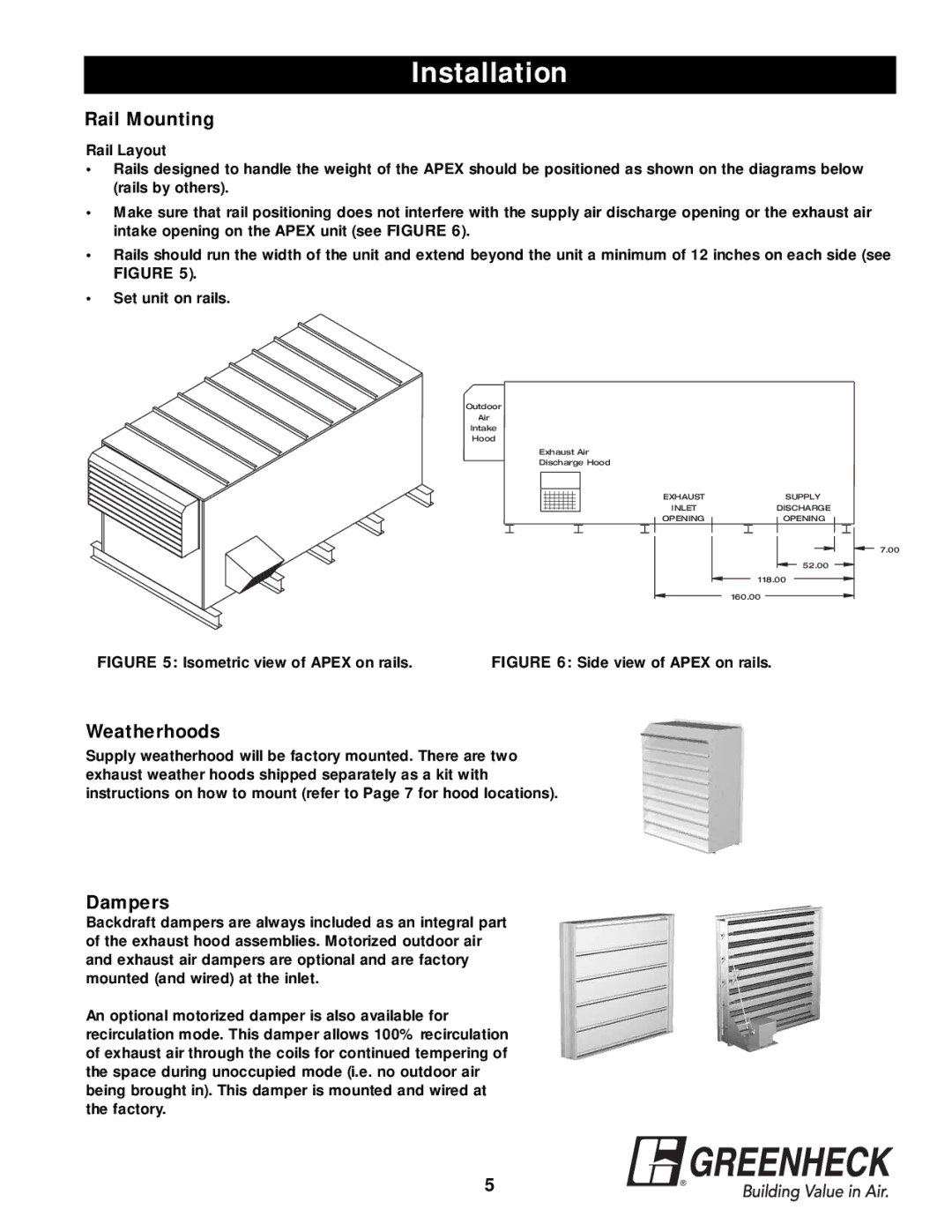 Greenheck Fan APEX-200 warranty Rail Mounting, Weatherhoods, Dampers 