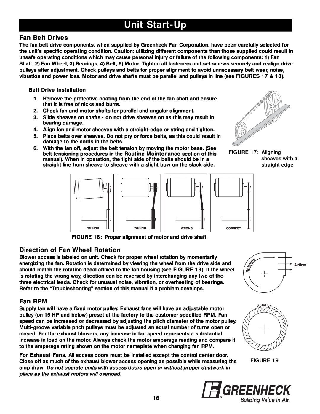 Greenheck Fan APEX-200 Fan Belt Drives, Direction of Fan Wheel Rotation, Fan RPM, Unit Start-Up, Belt Drive Installation 