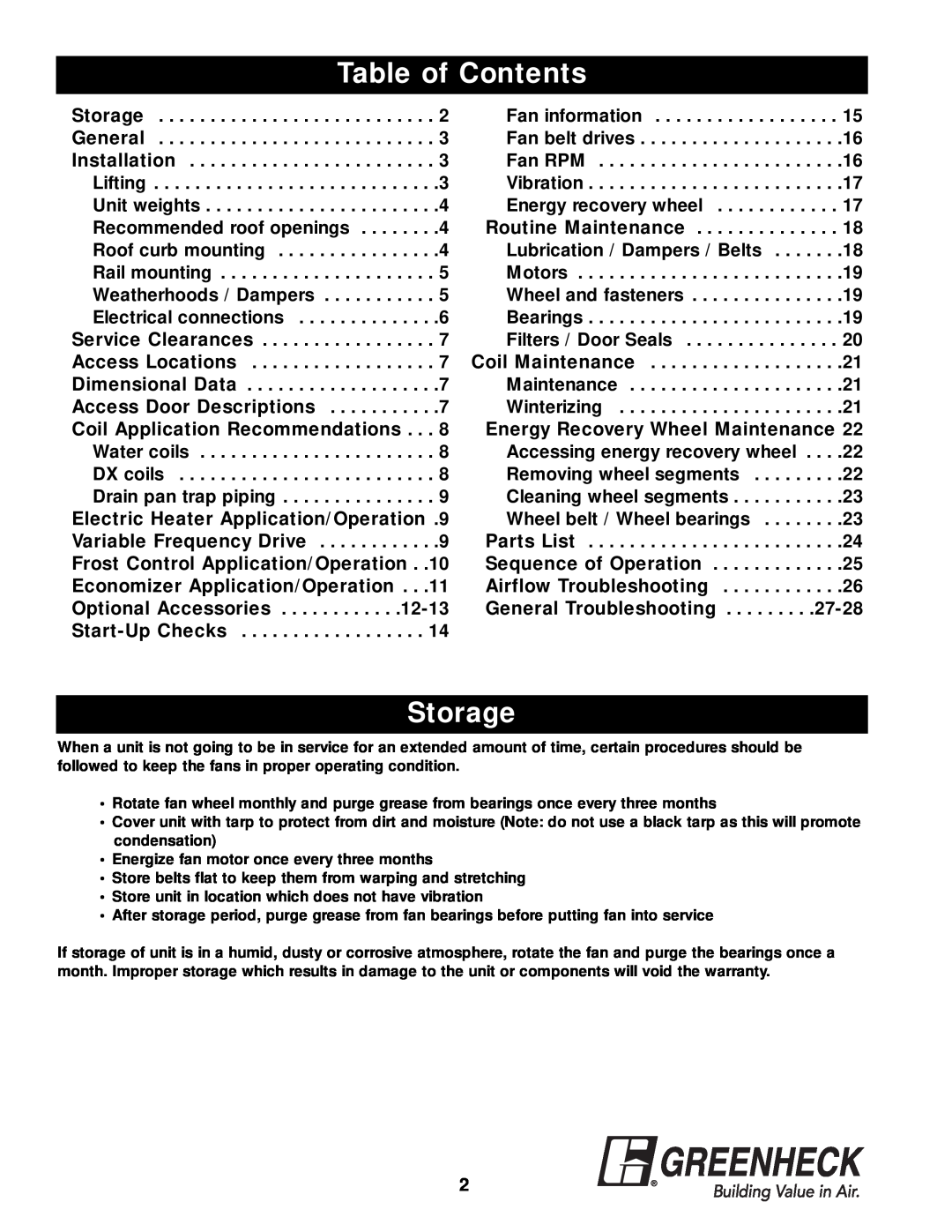 Greenheck Fan APEX-200 warranty Table of Contents, Storage, Access Door Descriptions, Coil Application Recommendations 