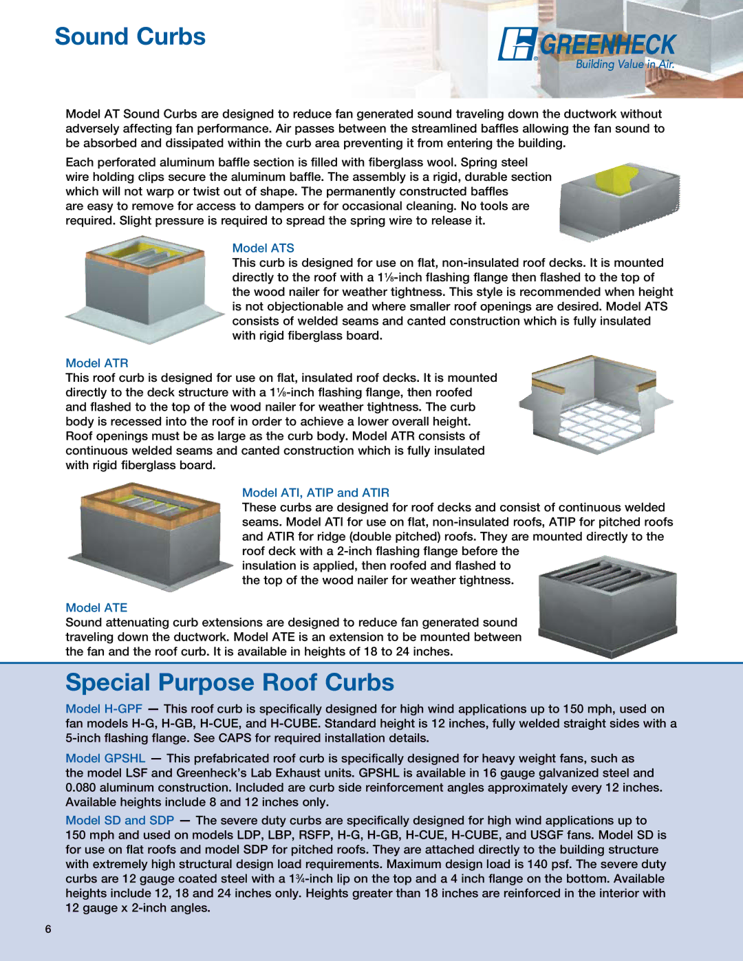 Greenheck Fan ATR, GPS, ATS, GPI, ATI, GPR manual PageSoundHeaderCurbs, Special Purpose Roof Curbs 