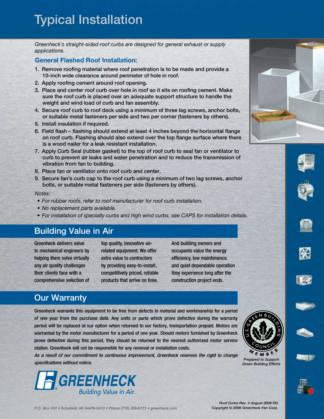 Greenheck Fan ATS, ATR, GPS, GPI, ATI, GPR manual Typical Installation, General Flashed Roof Installation 