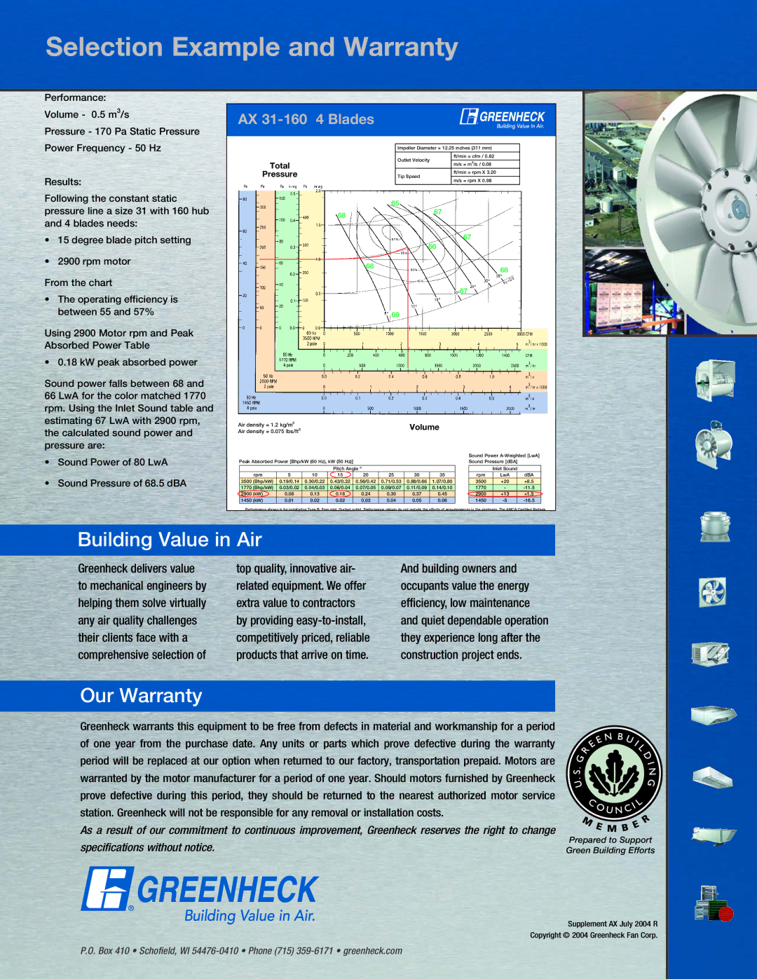 Greenheck Fan manual Selection Example and Warranty, AX 31-160 4 Blades 