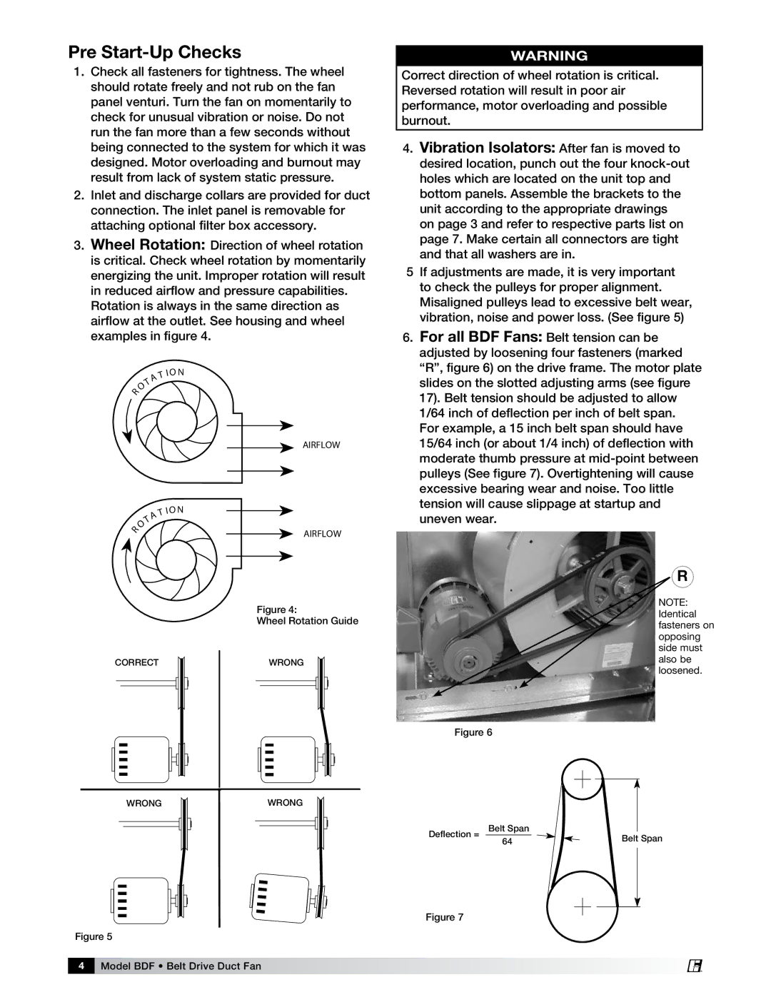 Greenheck Fan BDF manual Pre Start-Up Checks, Vibration Isolators After fan is moved to 