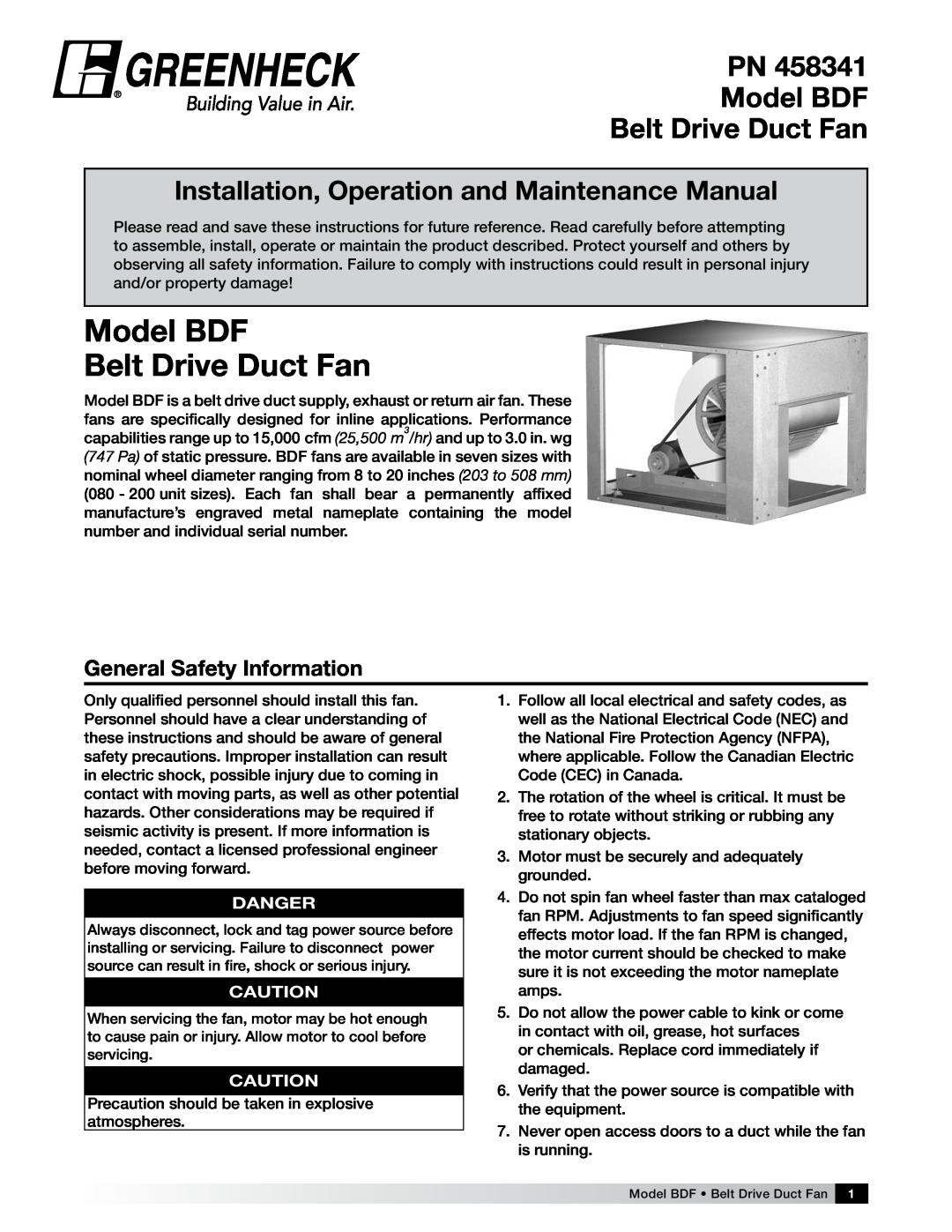 Greenheck Fan manual General Safety Information, PN Model BDF Belt Drive Duct Fan, Danger 