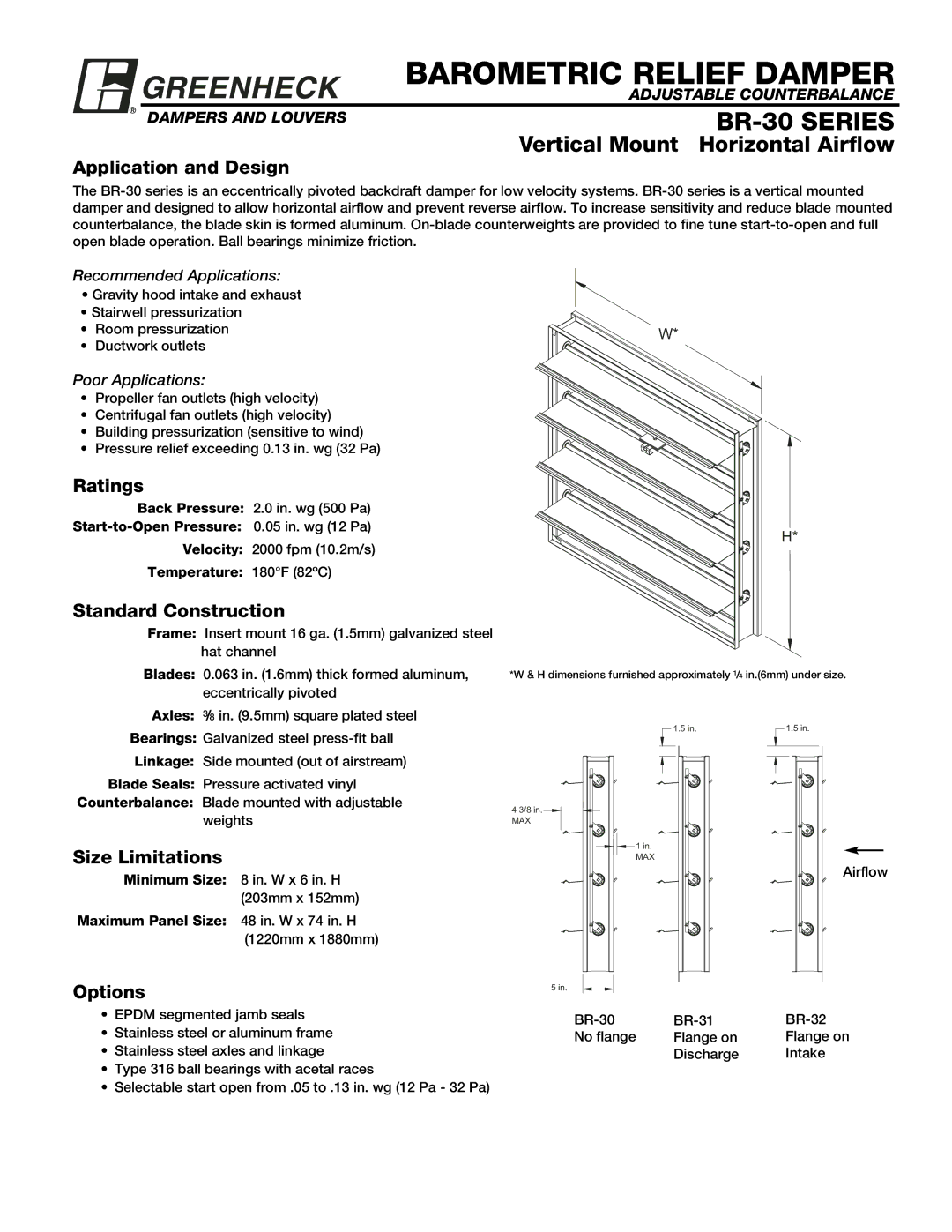 Greenheck Fan BR-30 Series dimensions Application and Design, Ratings, Standard Construction, Size Limitations, Options 