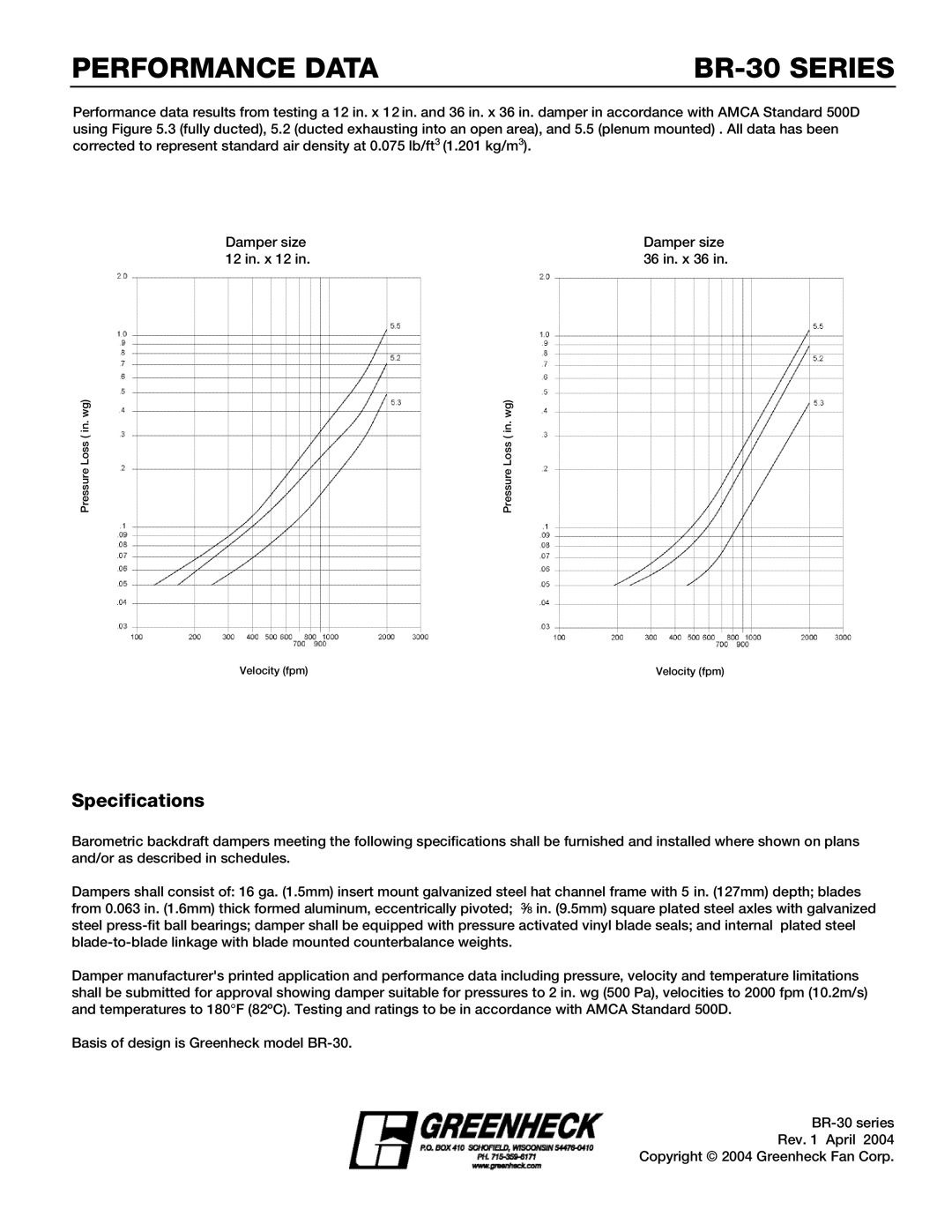 Greenheck Fan dimensions Performance Data BR-30 Series, Specifications 