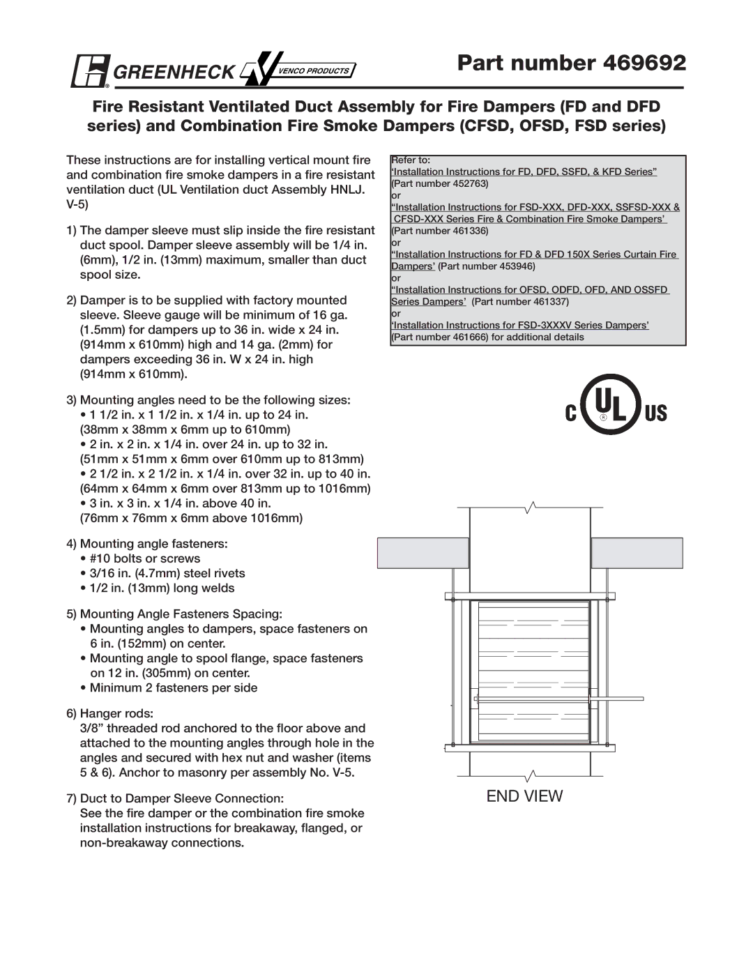 Greenheck Fan CFSD Series installation instructions Part number, END View 