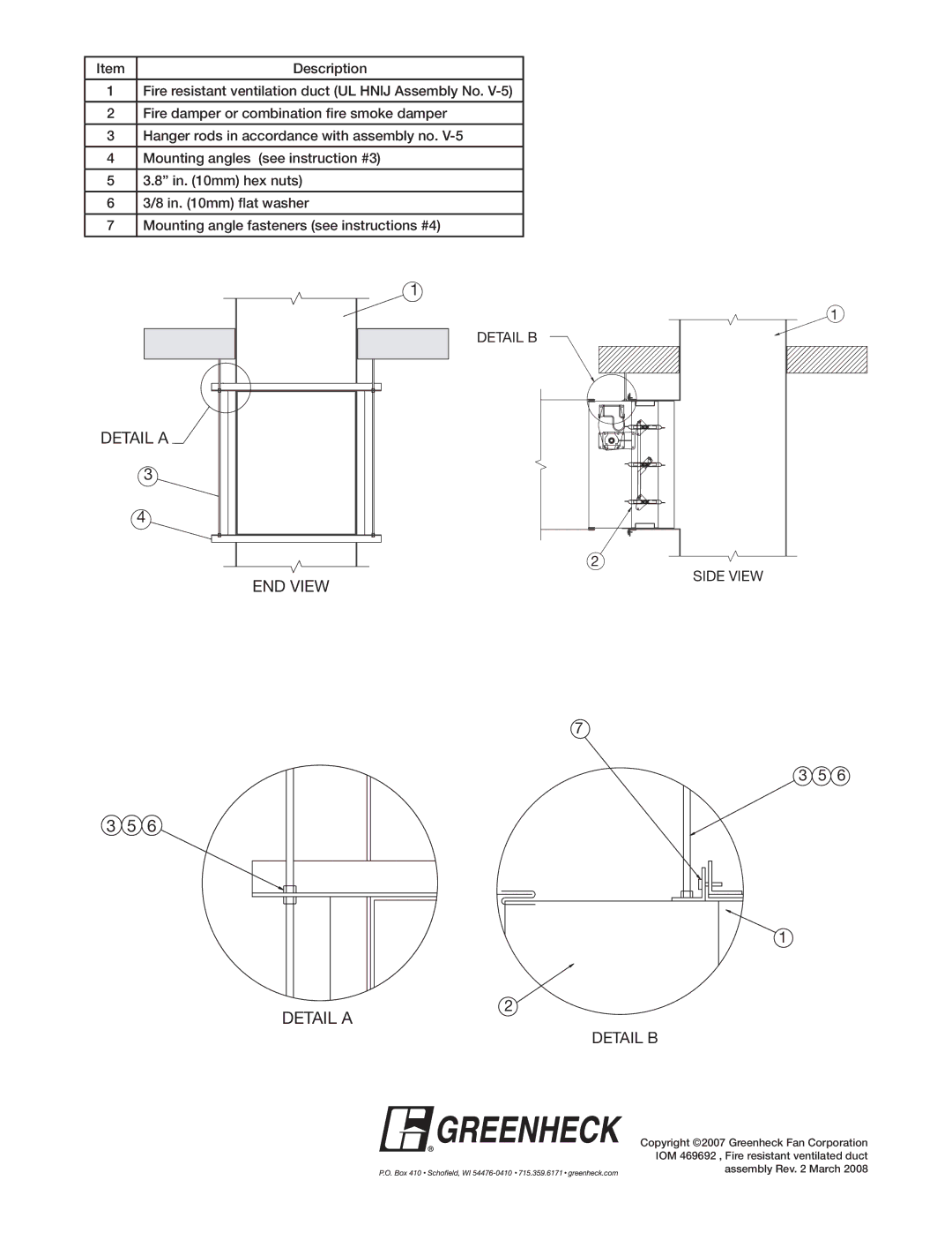 Greenheck Fan CFSD Series installation instructions Detail a END View, Detail B 