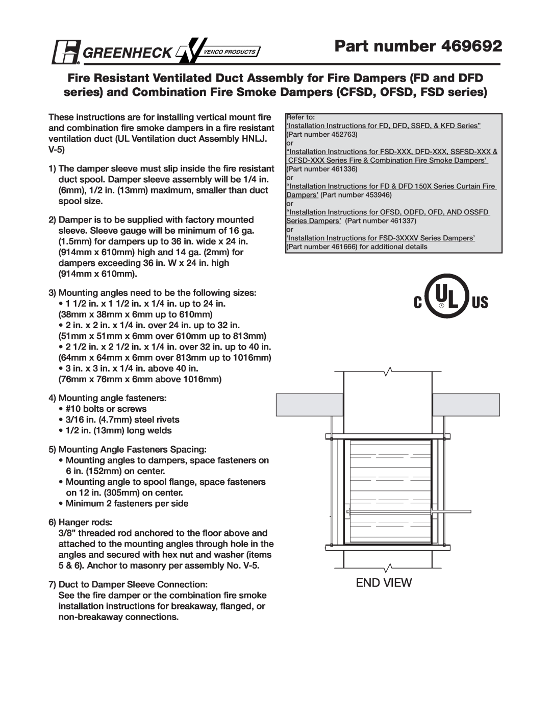 Greenheck Fan CFSD Series installation instructions Part number, End View 