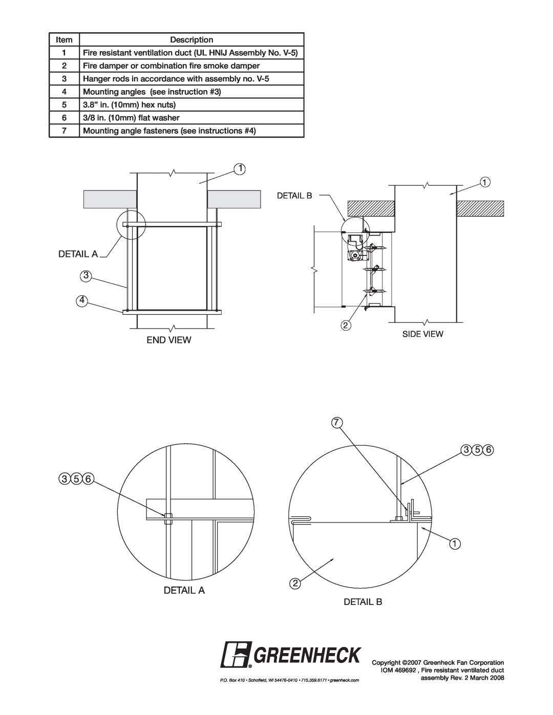 Greenheck Fan CFSD Series installation instructions Detail A, End View, 3 5 DETAIL A, 7 3 5 1 2 DETAIL B 