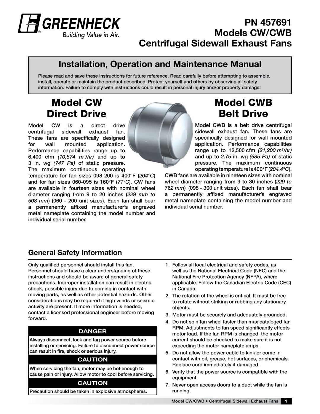 Greenheck Fan manual Models CW/CWB Centrifugal Sidewall Exhaust Fans, General Safety Information 