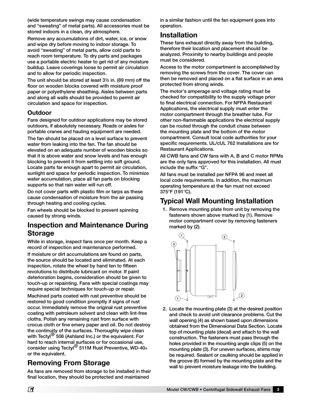 Greenheck Fan CW/CWB manual Inspection and Maintenance During Storage, Typical Wall Mounting Installation, Outdoor 