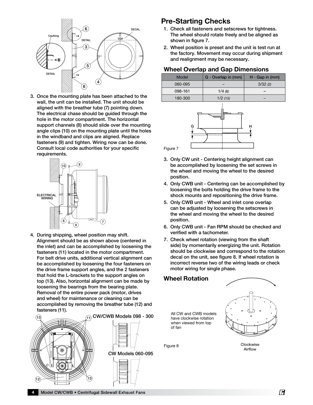 Greenheck Fan Pre-Starting Checks, Wheel Overlap and Gap Dimensions, Wheel Rotation, 11 CW/CWB Models 098, CW Models 