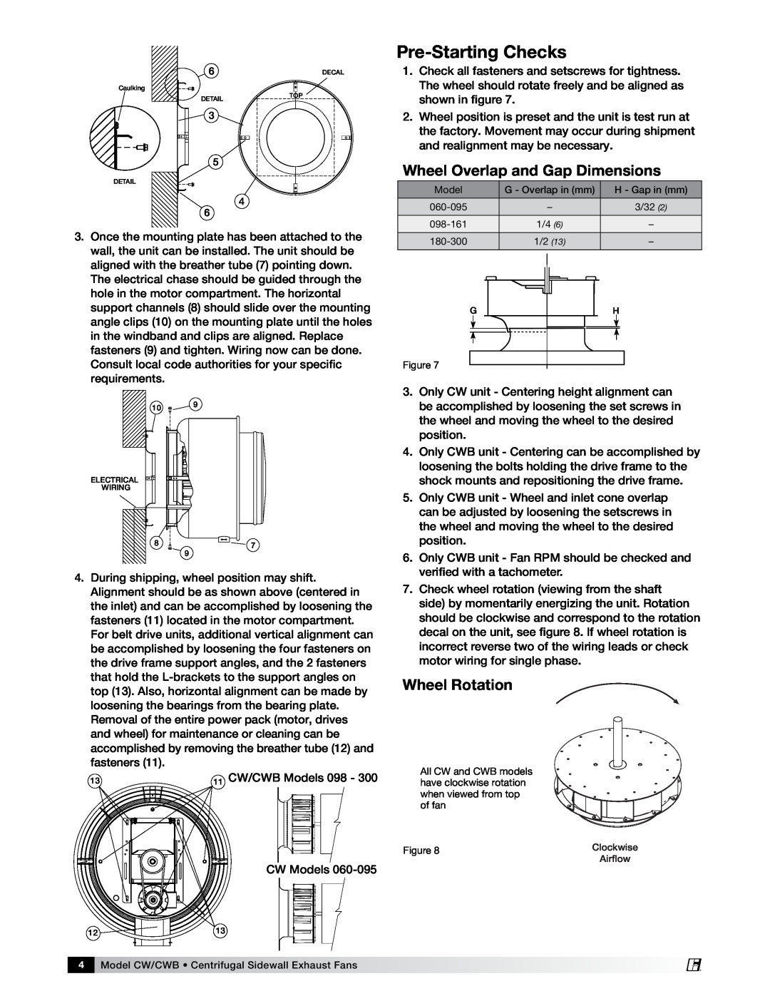 Greenheck Fan CW/CWB manual Pre-Starting Checks, Wheel Overlap and Gap Dimensions, Wheel Rotation 