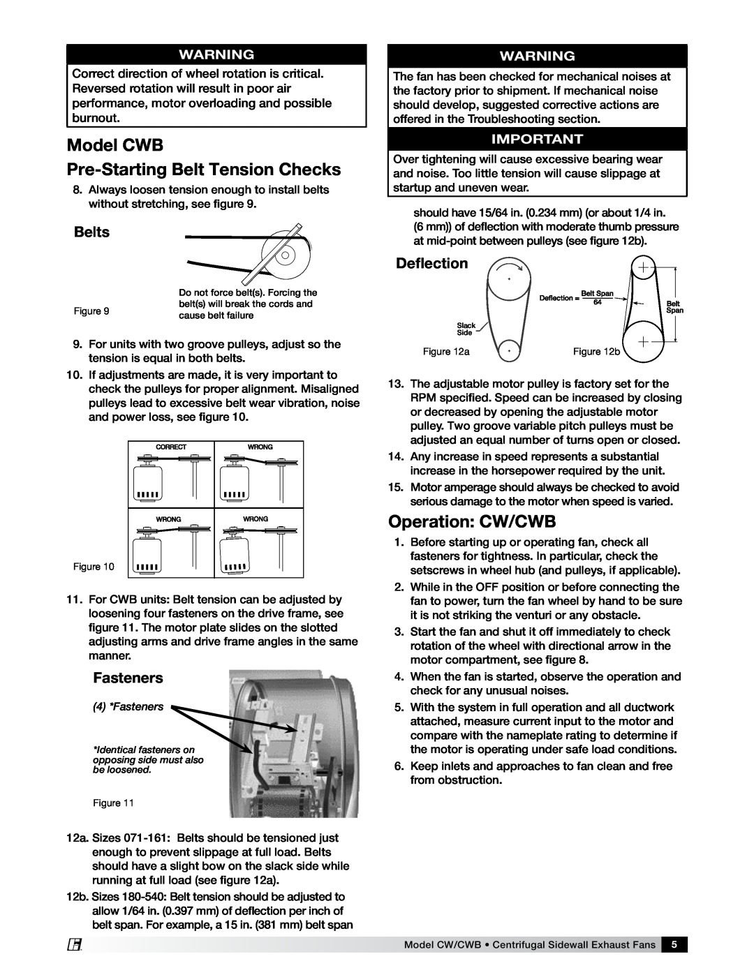 Greenheck Fan manual Model CWB Pre-Starting Belt Tension Checks, Operation CW/CWB, Belts, Fasteners, Deflection 