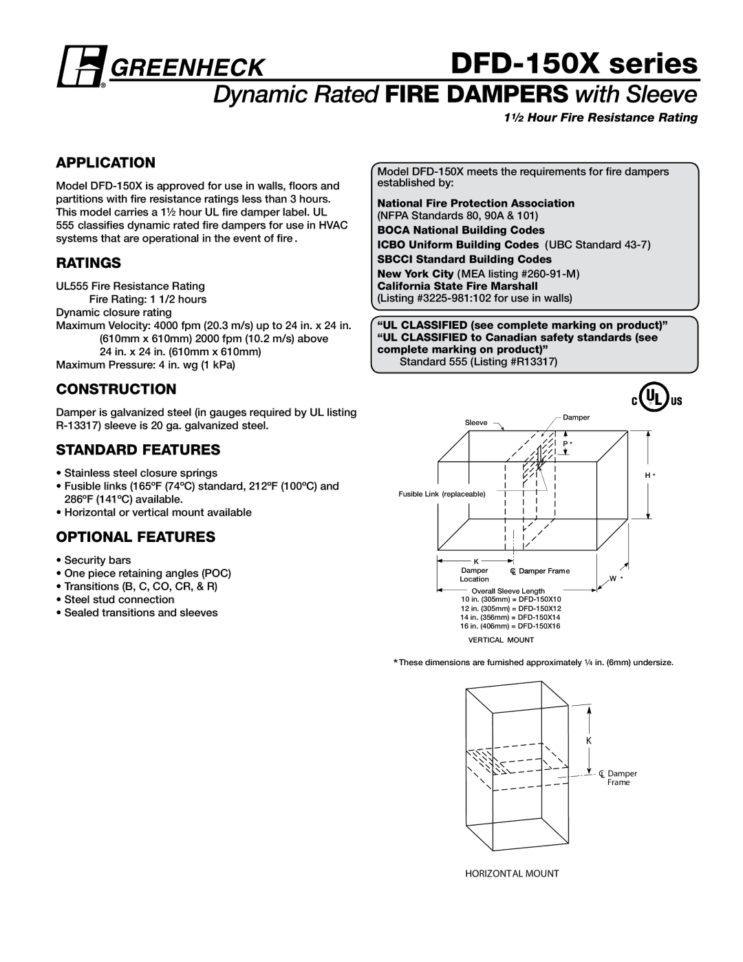 Greenheck Fan DFD-150X series dimensions National Fire Protection Association, Nfpa Standards 80, 90A, Damper Fram e 