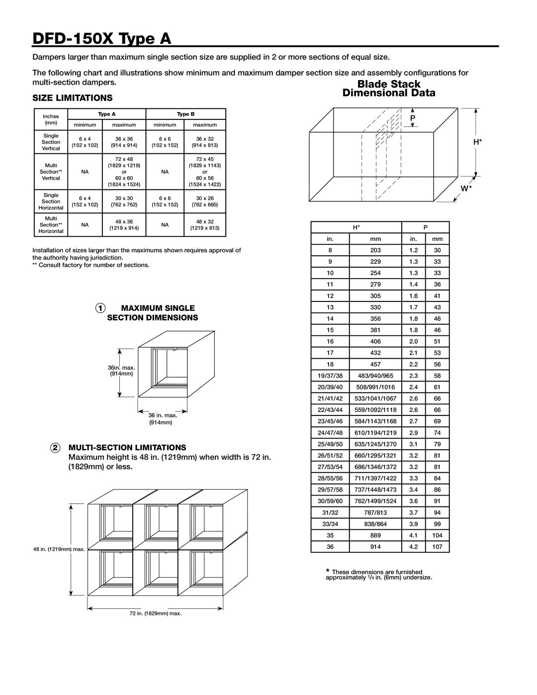 Greenheck Fan DFD-150X series DFD-150X Type a, Maximum Single Section Dimensions, Multi-section limitations, Type a Type B 