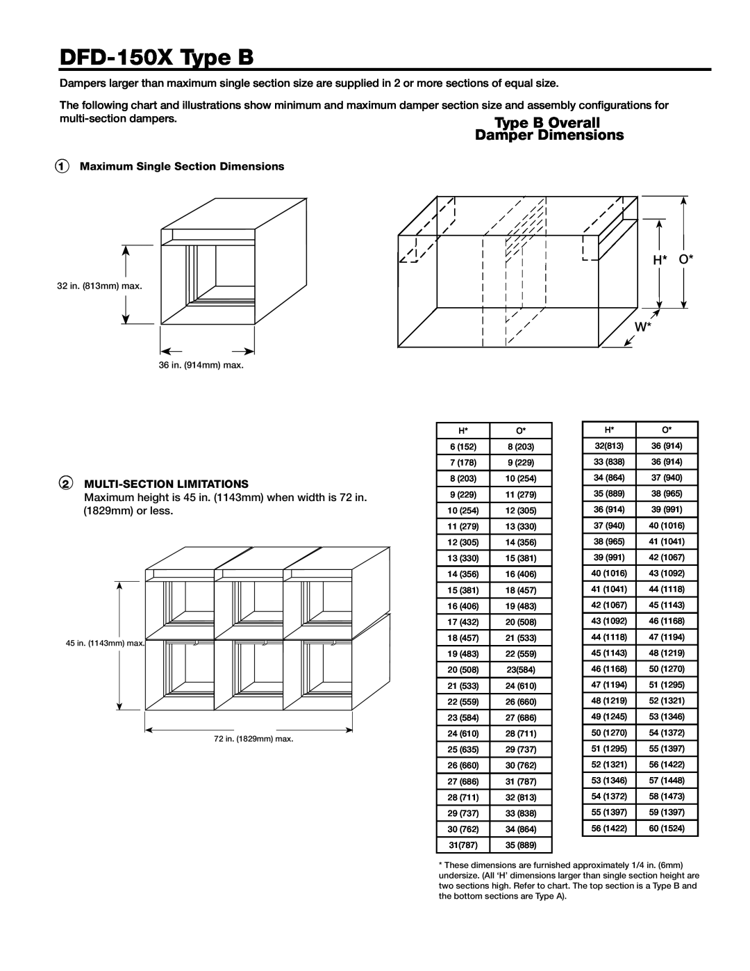 Greenheck Fan DFD-150X series DFD-150X Type B, H* O W, Maximum Single Section Dimensions, Multi-section limitations 