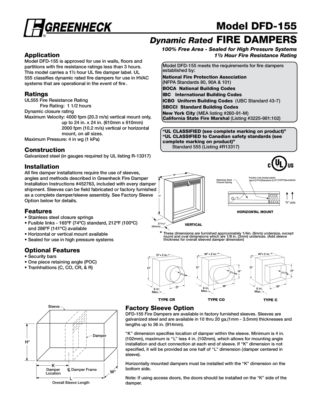 Greenheck Fan DFD-155 installation instructions Application, Ratings, Construction, Installation, Features 