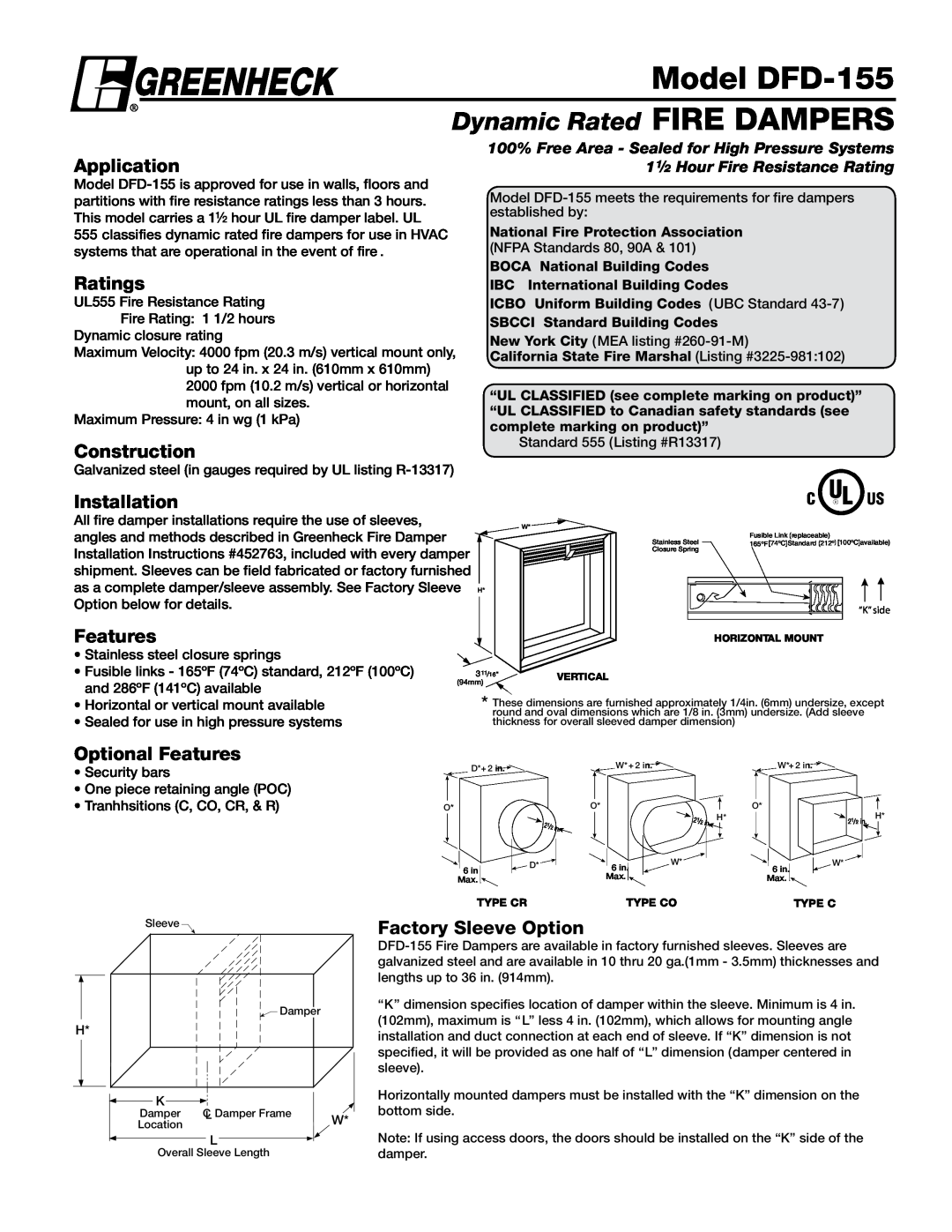 Greenheck Fan DFD-155 installation instructions National Fire Protection Association, BOCA National Building Codes 