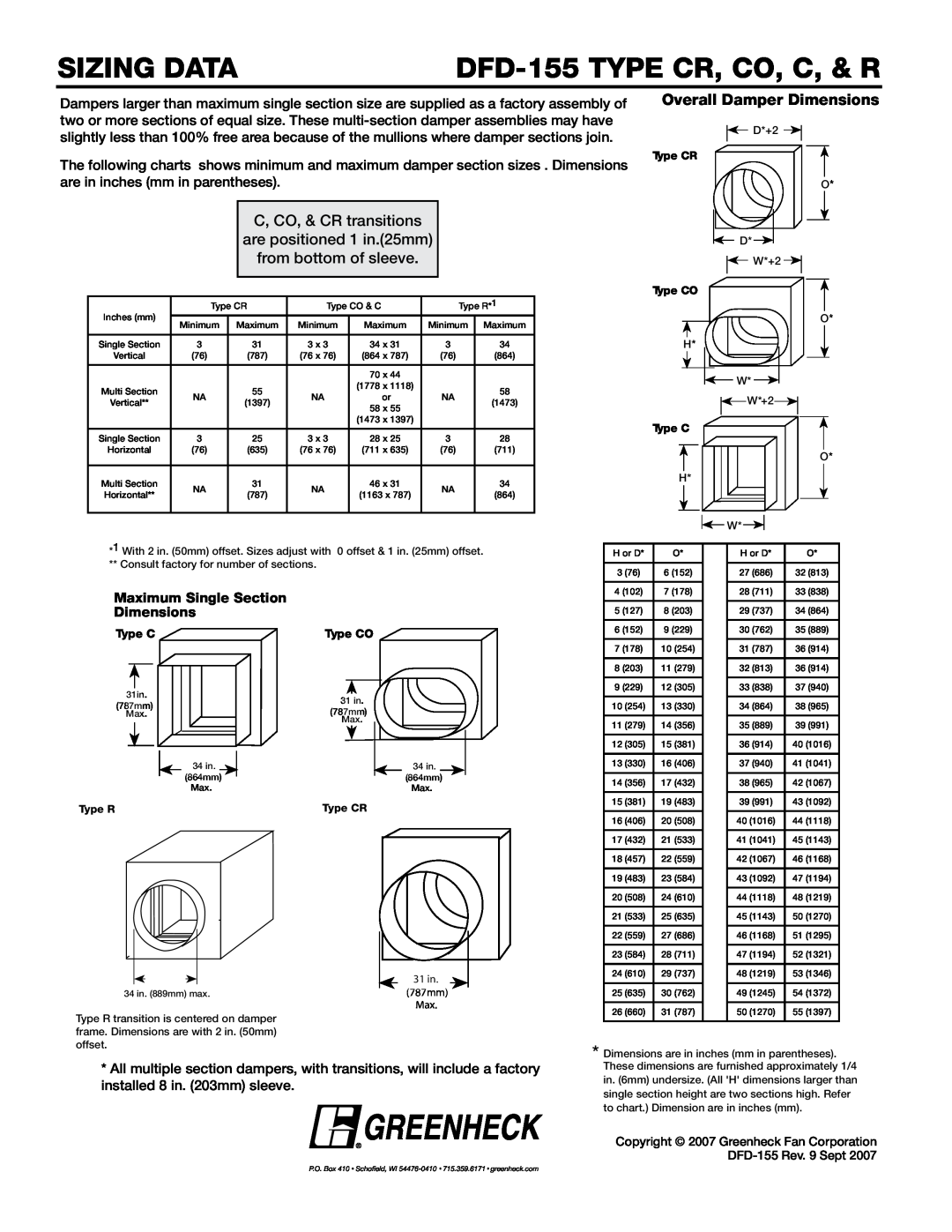 Greenheck Fan Maximum Single Section Dimensions, Sizing Data, DFD-155Type CR, CO, C, & R, from bottom of sleeve 