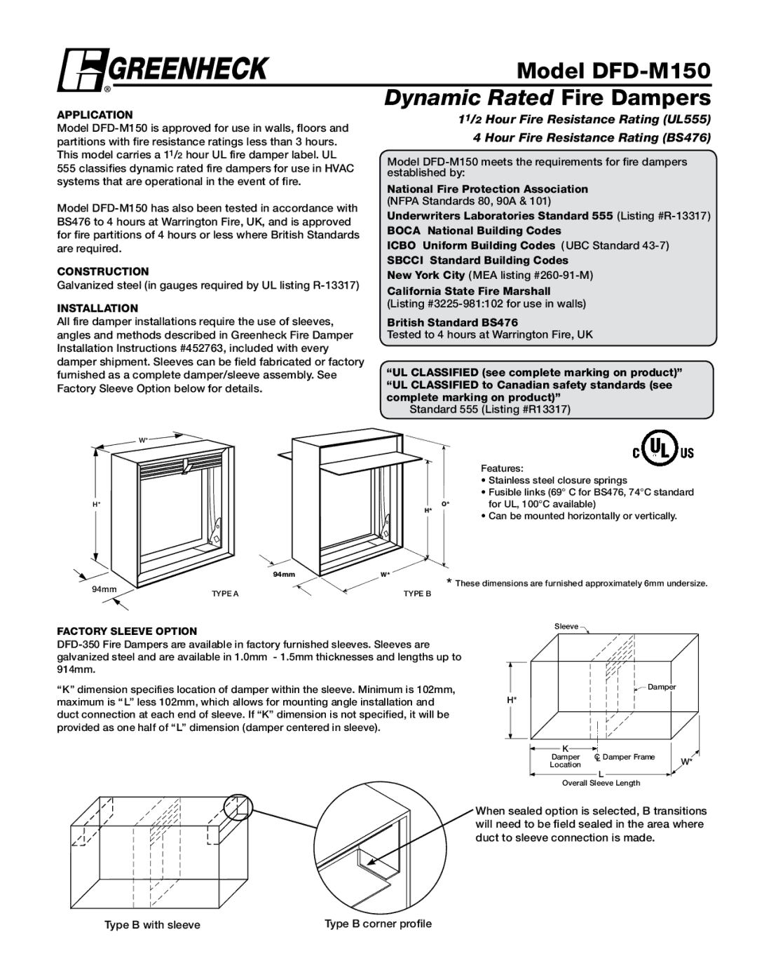 Greenheck Fan DFD-M150 installation instructions Application, Construction, Installation 