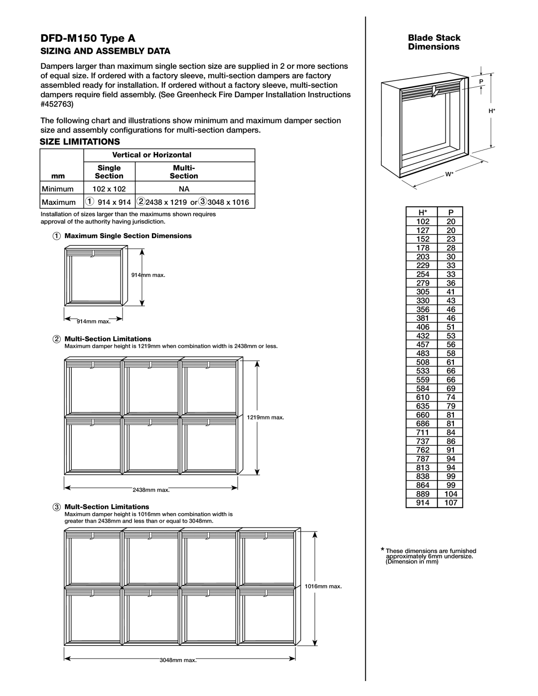 Greenheck Fan DFD-M150 Type a, Sizing and Assembly Data, Size Limitations, Blade Stack Dimensions 