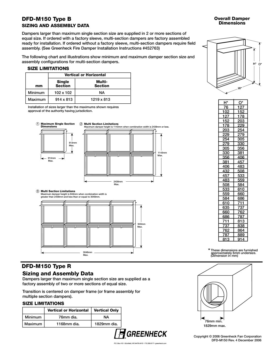 Greenheck Fan DFD-M150 Type B, DFD-M150 Type R Sizing and Assembly Data, Overall Damper Dimensions 