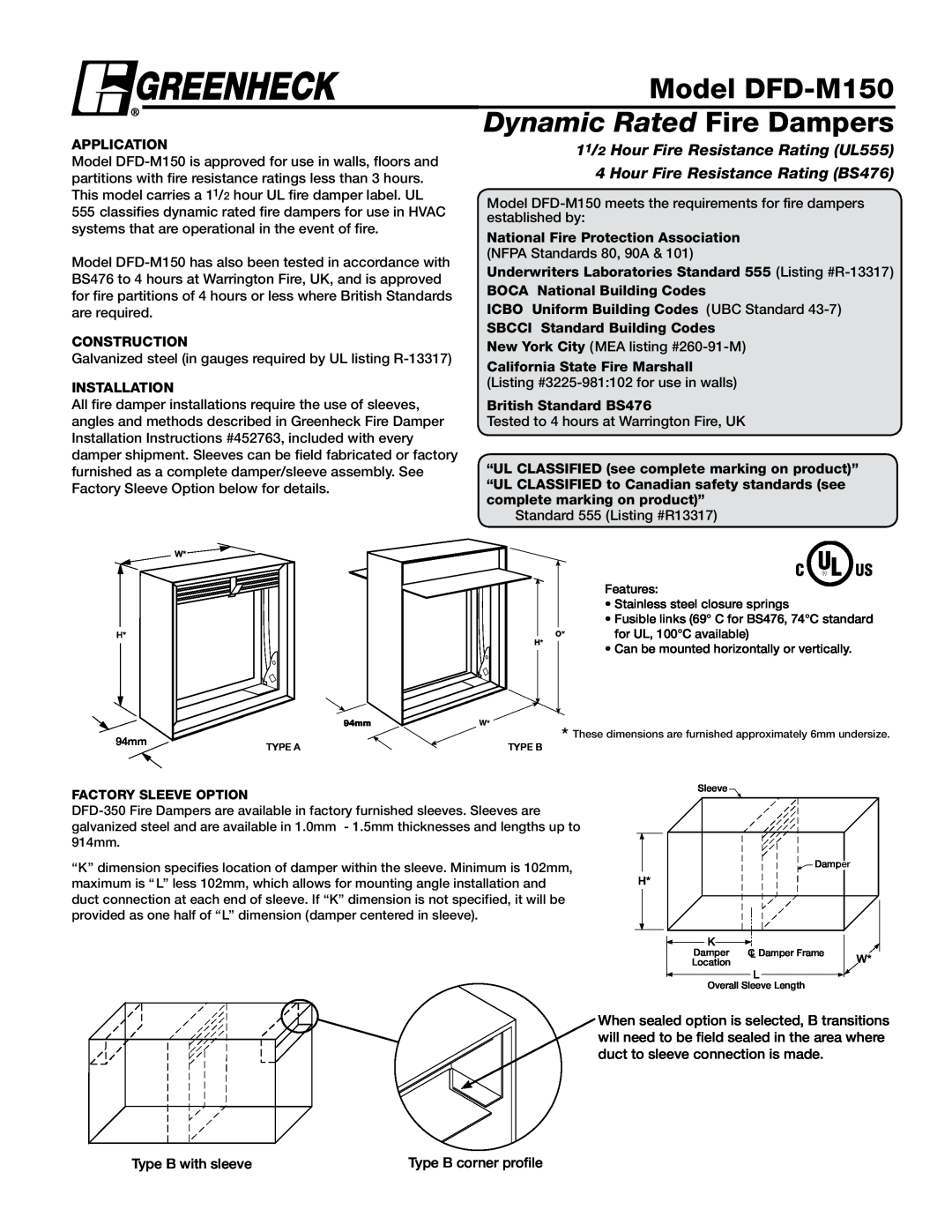 Greenheck Fan installation instructions Model DFD-M150, Dynamic Rated Fire Dampers, Hour Fire Resistance Rating BS476 