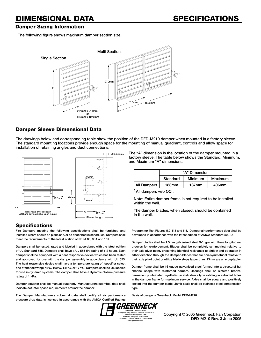 Greenheck Fan DFD-M210 Damper Sizing Information, Damper Sleeve Dimensional Data, Specifications, 183mm 137mm 406mm 