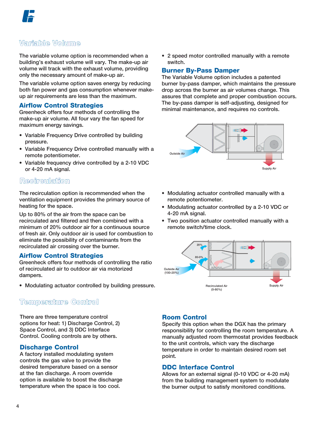 Greenheck Fan DGX manual Variable MAKE-UP AIR Options, Variable Volume, Recirculation, Temperature Control 