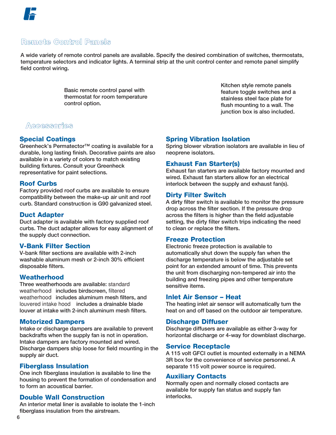 Greenheck Fan DGX manual Accessories, Remote Control Panels 