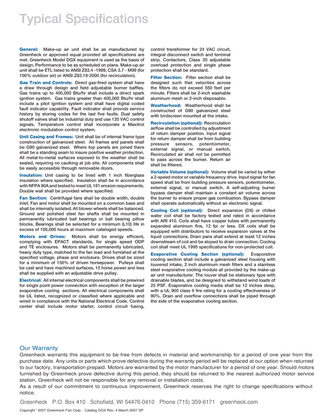 Greenheck Fan DGX manual Typical Specifications 