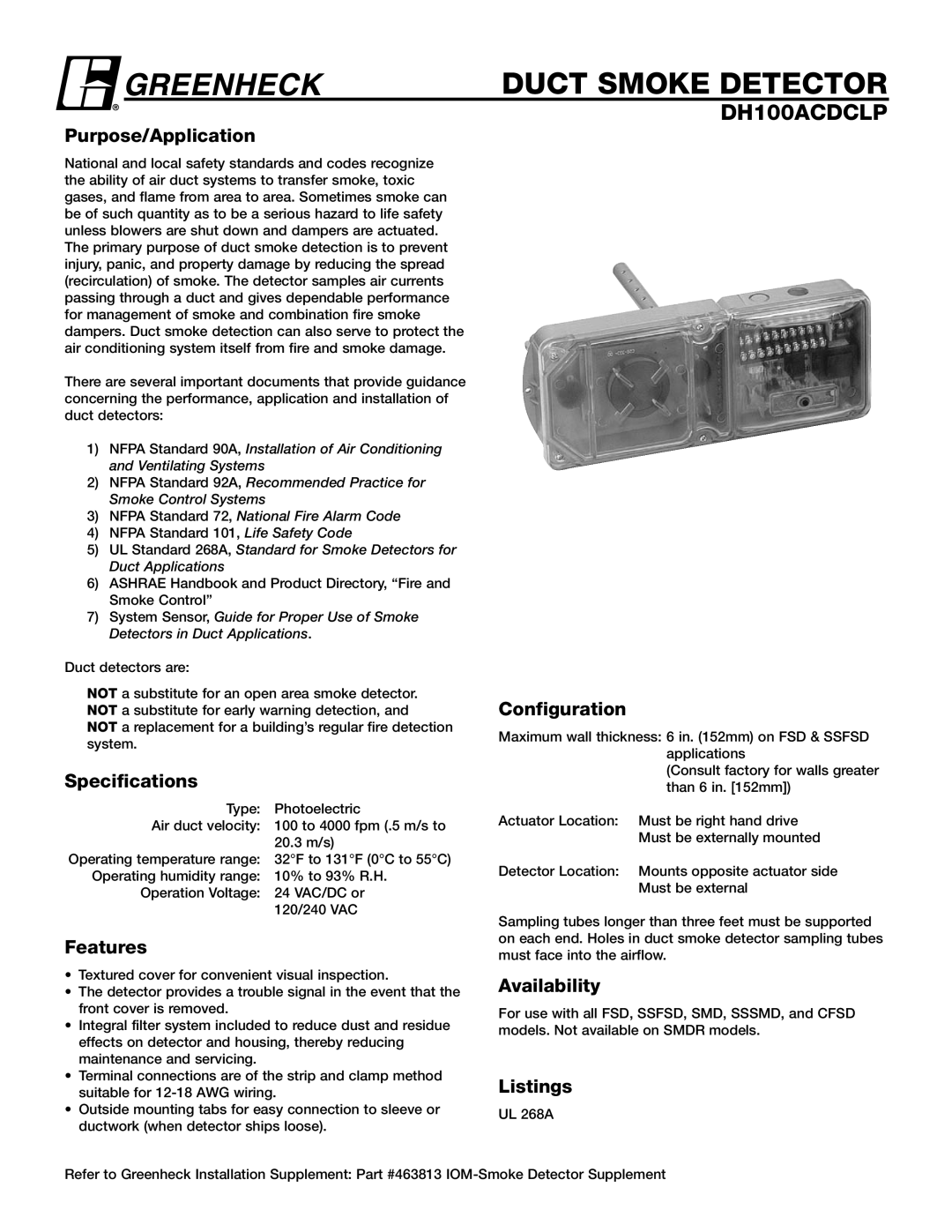 Greenheck Fan DH100ACDCLP specifications Purpose/Application, Specifications, Features, Configuration, Availability 