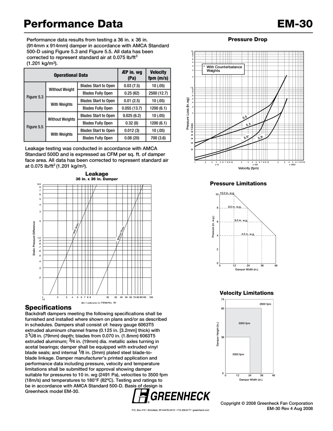 Greenheck Fan EM-30 Series dimensions Performance Data, Specifications 