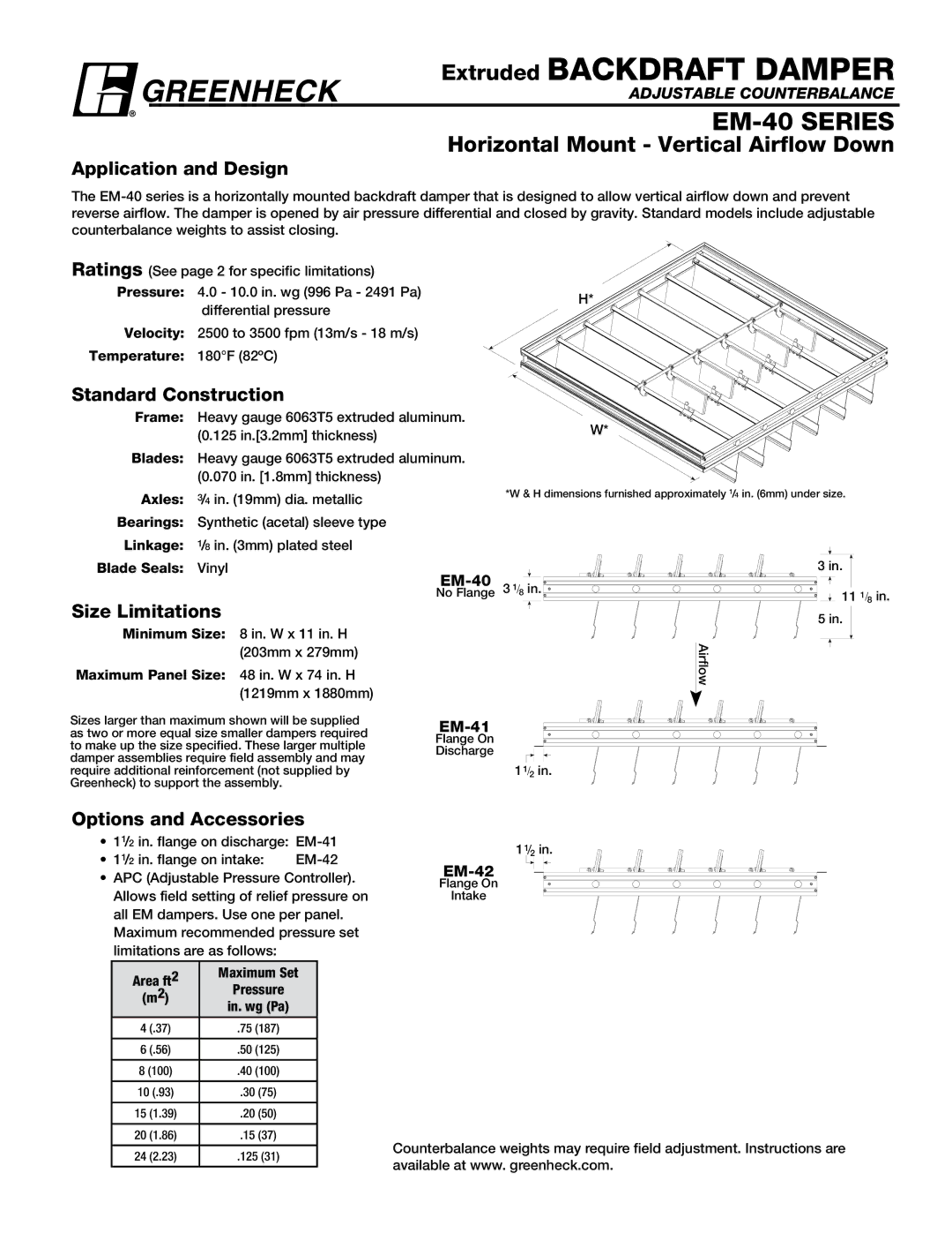 Greenheck Fan EM-40 dimensions Extruded Backdraft Damper, Application and Design, Standard Construction, Size Limitations 