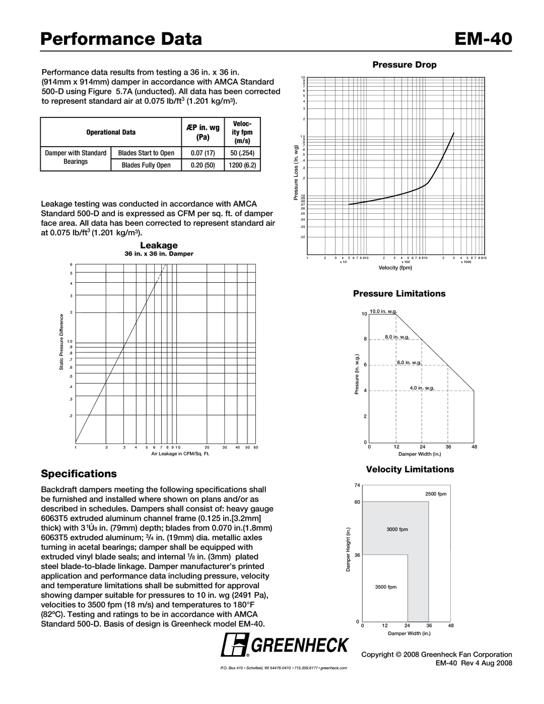 Greenheck Fan dimensions Performance Data EM-40, Specifications 