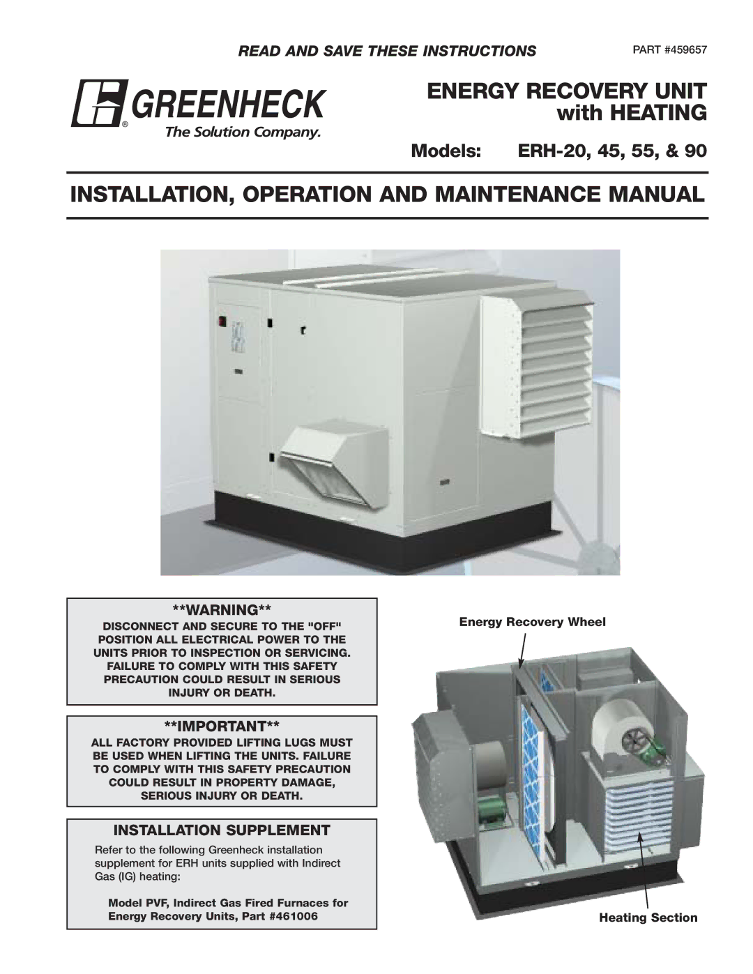 Greenheck Fan ERH-45, ERH-55, ERH-90, ERH-20 manual Read and Save These Instructions, Energy Recovery Wheel Heating Section 