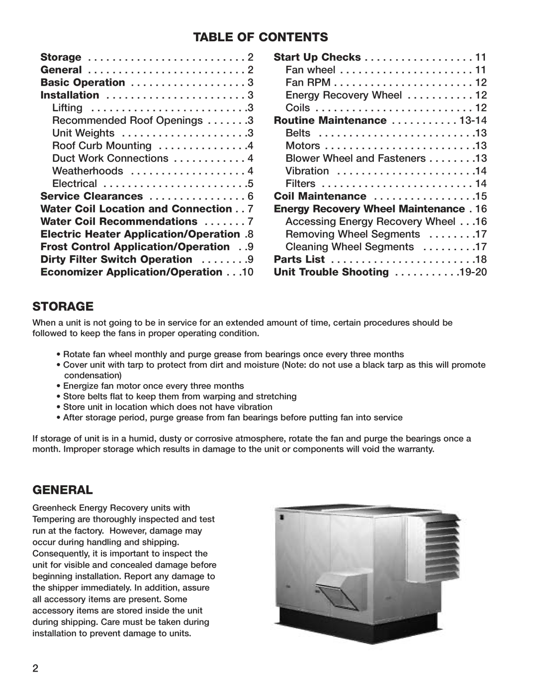 Greenheck Fan ERH-90, ERH-55, ERH-45, ERH-20 manual Table of Contents, Storage, General 