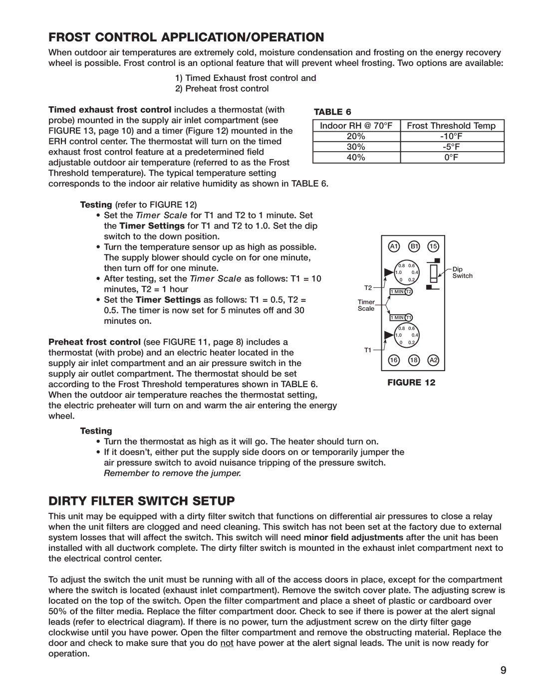 Greenheck Fan ERH-45, ERH-55, ERH-90, ERH-20 manual Frost Control APPLICATION/OPERATION, Dirty Filter Switch Setup, Testing 