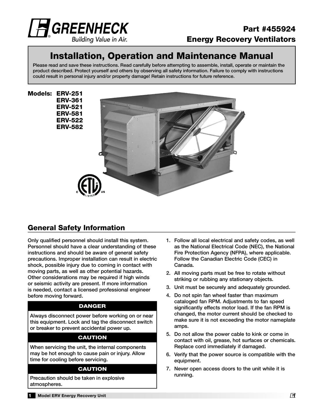 Greenheck Fan manual General Safety Information, Models ERV-251 ERV-361 ERV-521 ERV-581 ERV-522 ERV-582 